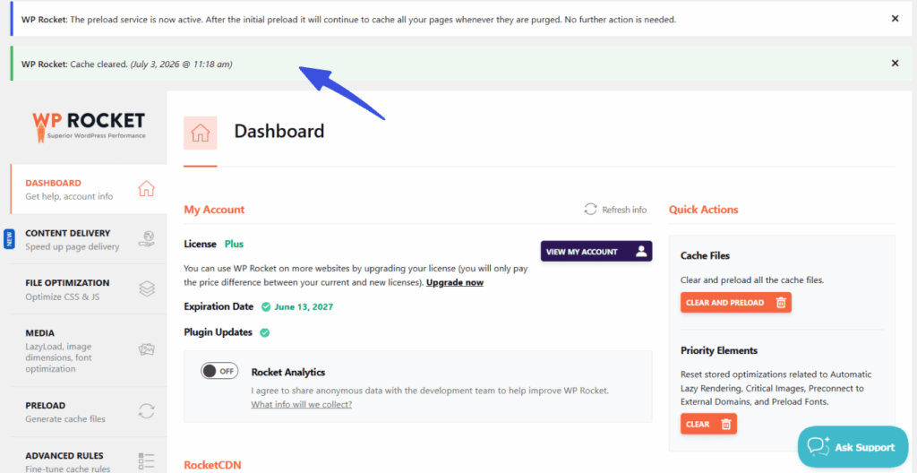 WP Rocket dashboard view displaying a green success message at the top. The message confirms the cache was successfully cleared on July 3, 2026.