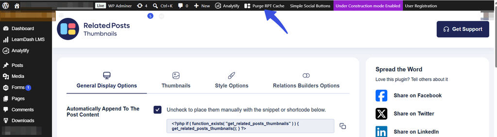 Purge RPT Cache option in the WordPress admin bar