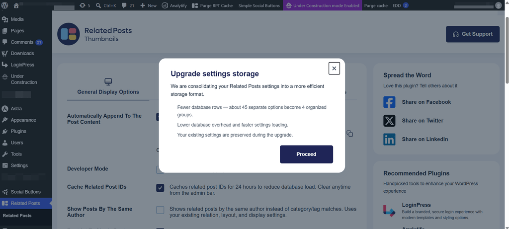 Upgrade settings storage window with Proceed button in Related Posts Thumbnails 6.0